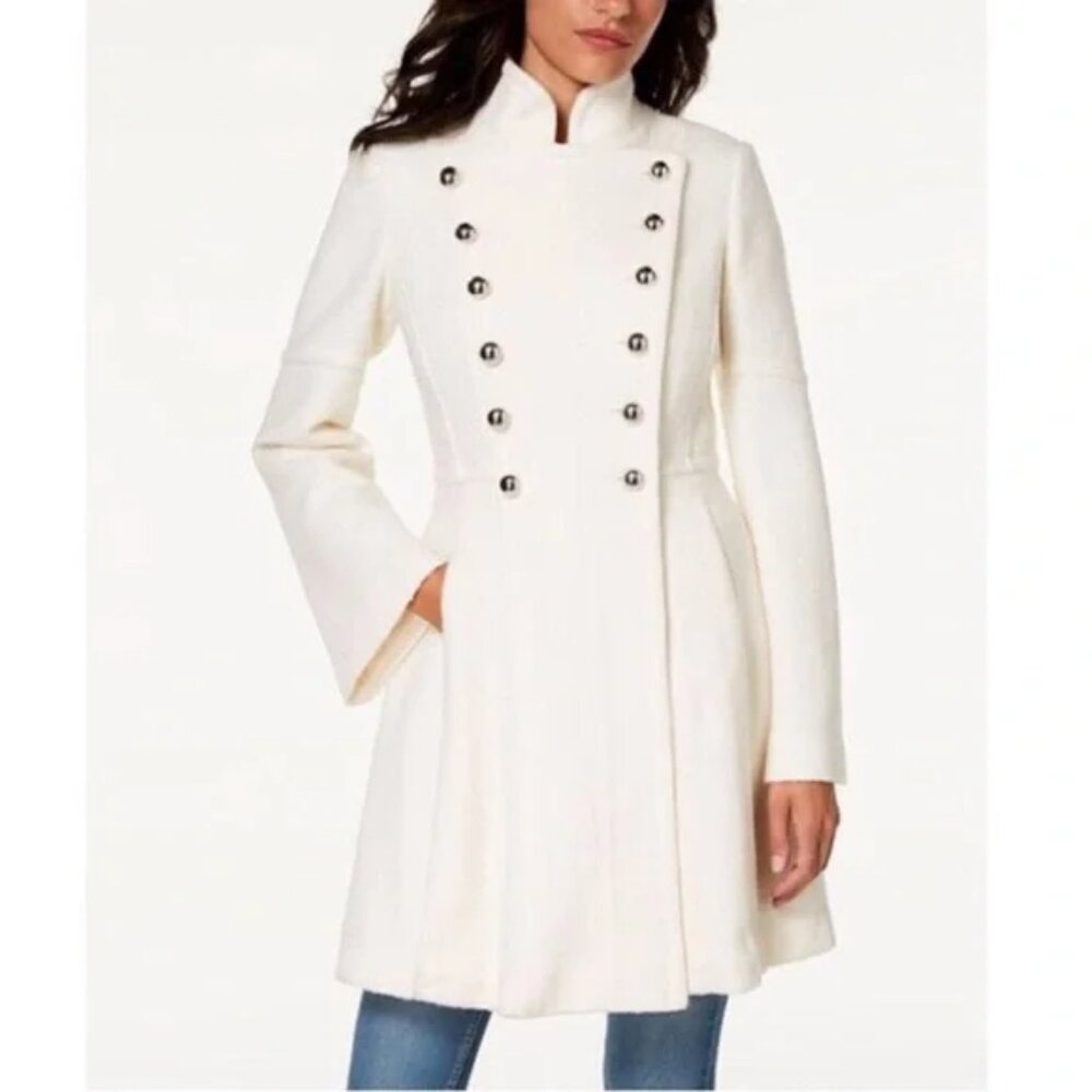 GUESS Skirted Double Breasted Coat in White SMALL NWT
